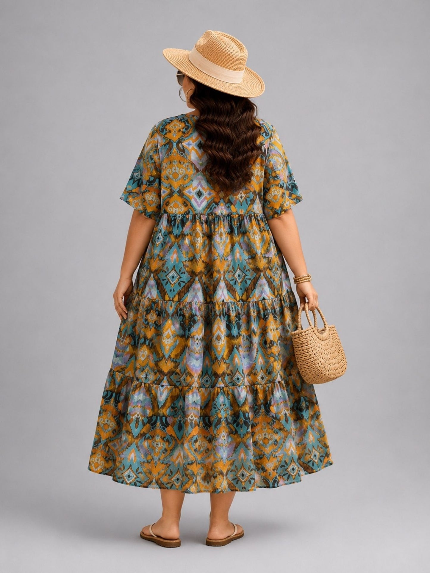 Frenzi Stufenkleid Ikat-Print Ocker-Petrol – Einheitsgröße 44–52