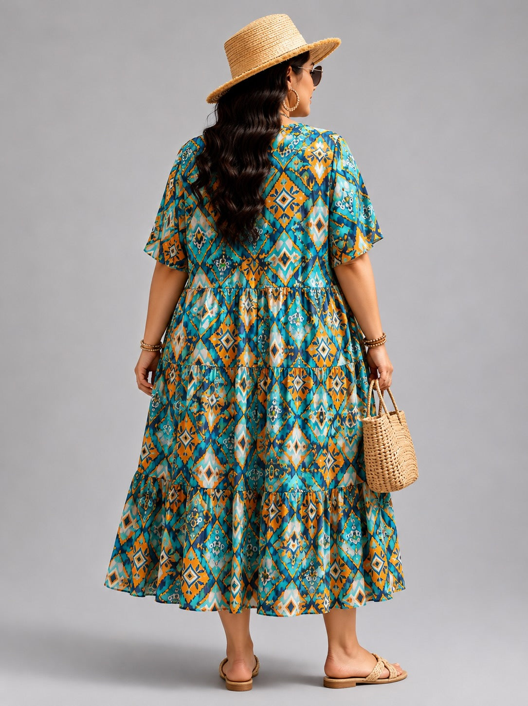 Frenzi Stufenkleid Ikat-Print Türkis-Orange – Einheitsgröße 44–52