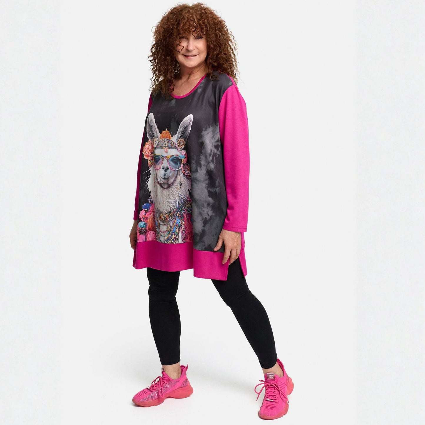 Frenzi4U Shirt Lama Print Strass Pink