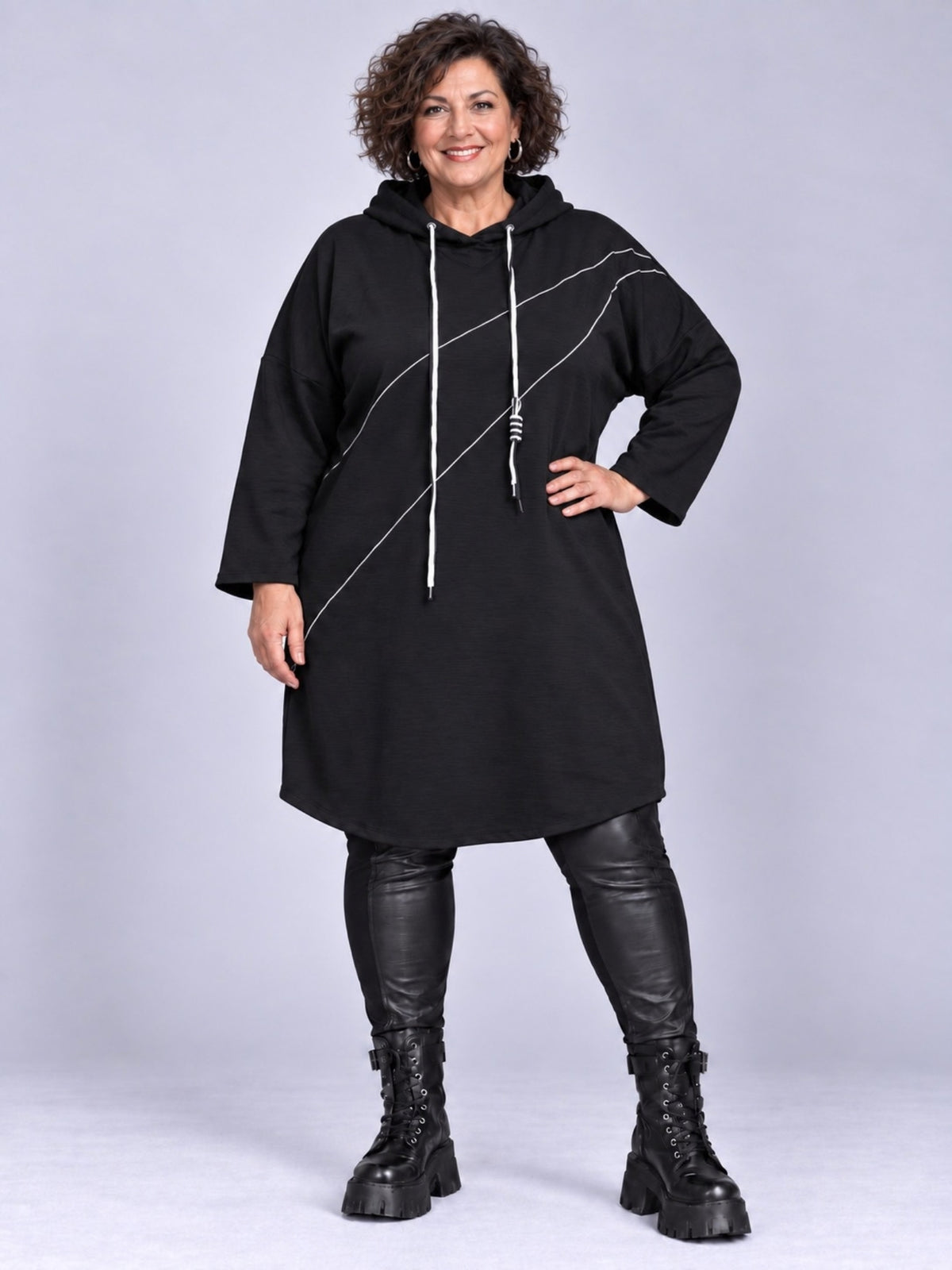 Funky Diva Kapuzen-Sweatshirt lang mit silbernen Zierstreifen Oversize – 6 Farben, Einheitsgröße 48–56