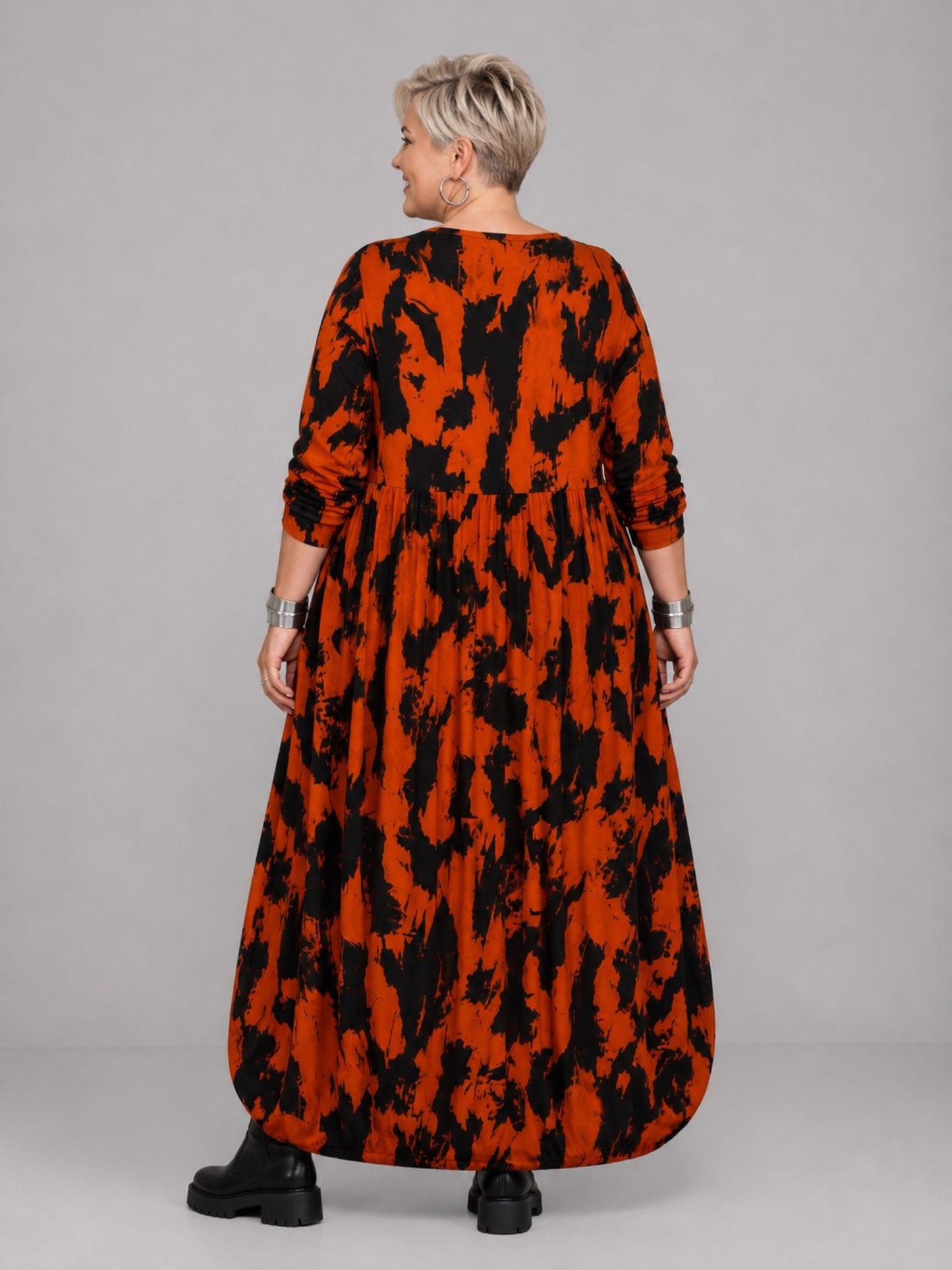 Funky Diva Kleid Ballonform Pinselstrich-Druck – Orangerot, Einheitsgröße 46–56