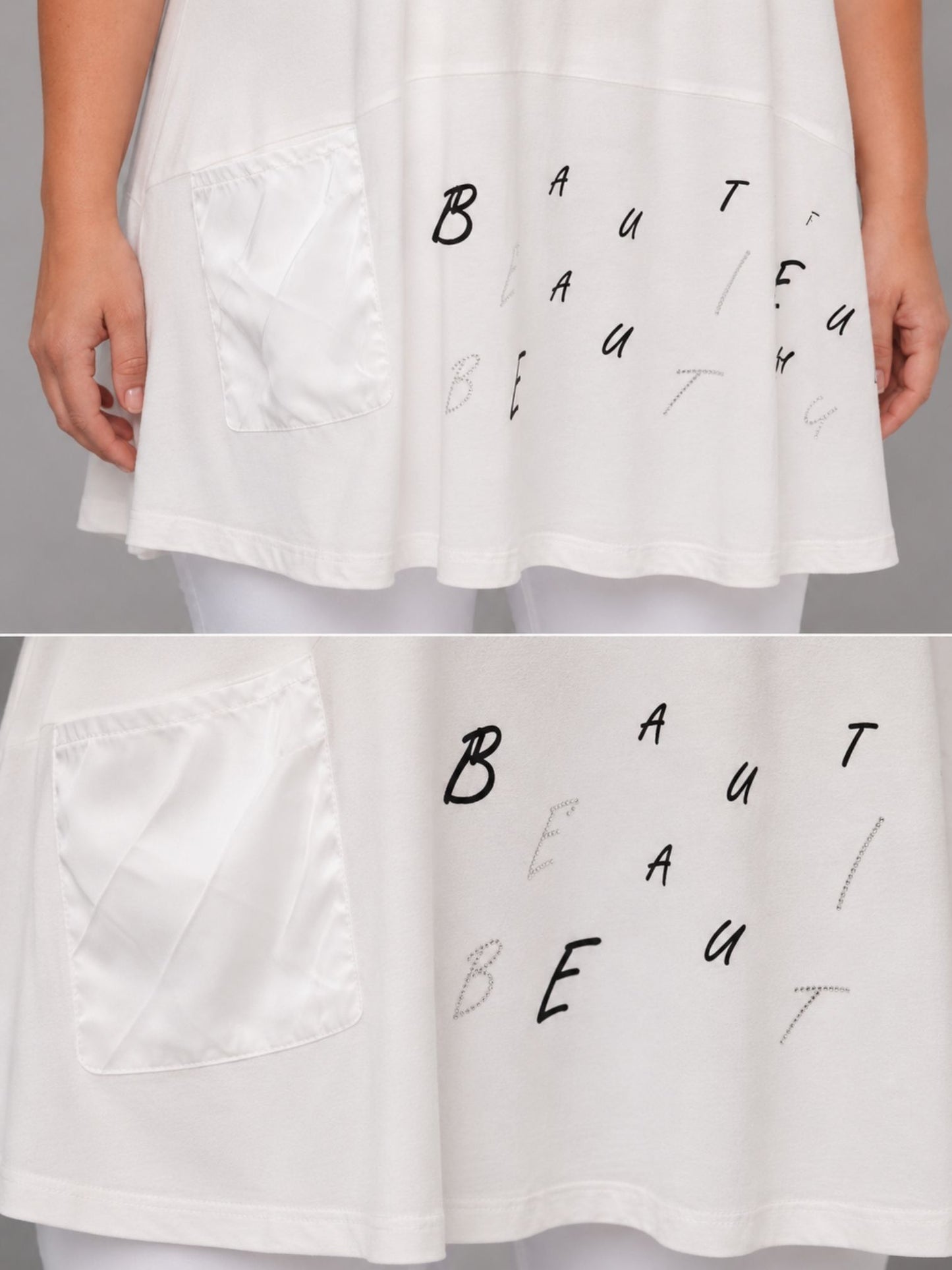 Lea H Curve Longshirt „Beautiful" – Schwarz & Weiß | Print, Straß & Lurex | Große Größen