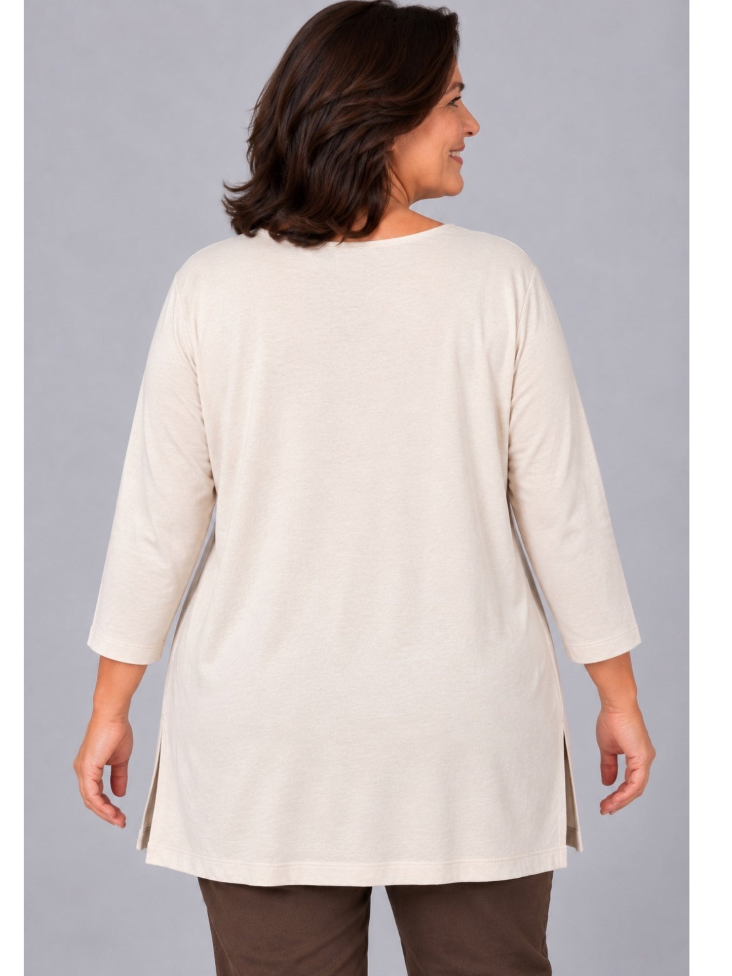 Lea H Curve Shirt Modal-Mix mit Straß-Motiv A-Linie – Beige Gr. 44–54