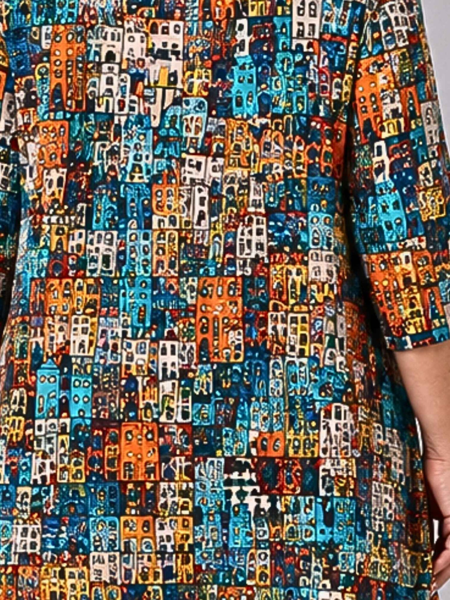 Naveed Shirt-Tunika A-Linie – Häuser-Print Mediterran in Petrol, Orange & Gelb – Große Größen 44–62