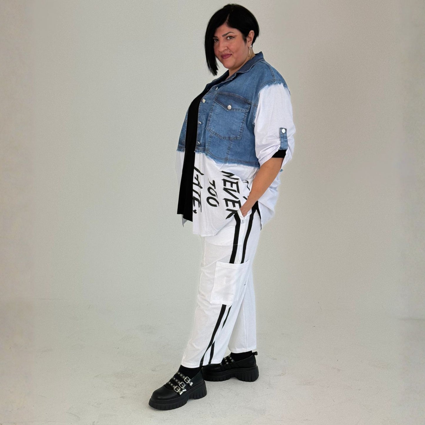 Sinne Blusenjacke mit Jeans-Optik Print Weiß Blau