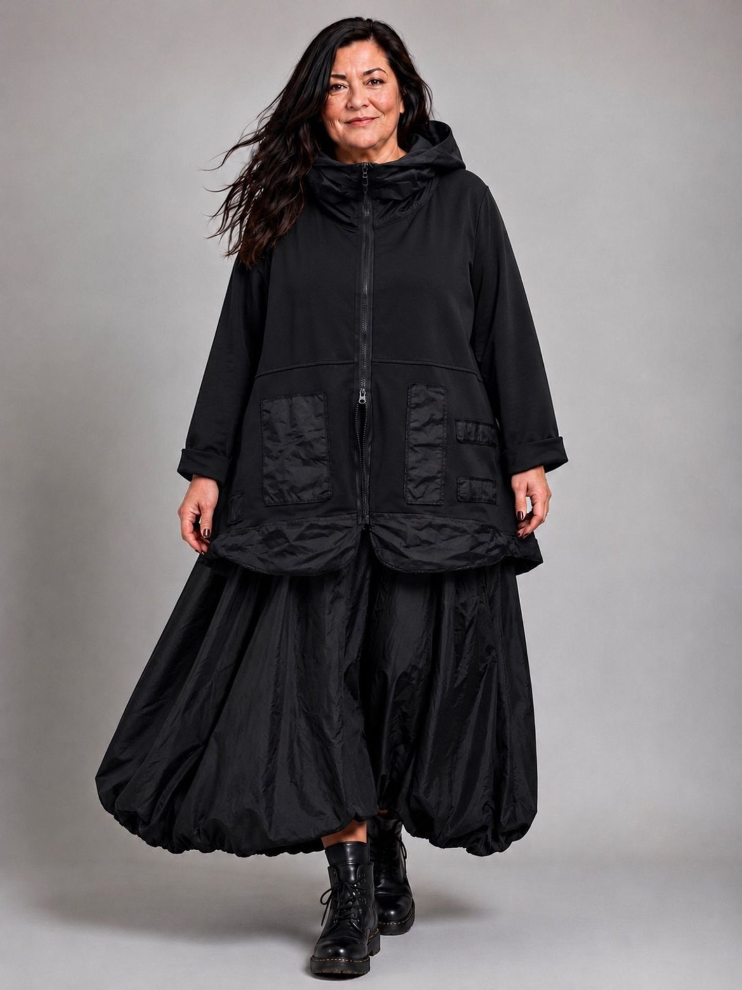 Vincenzo Allocca Kleid mit Kapuze und Taft-Ballonrock – Schwarz Gr. 44/46–60/62
