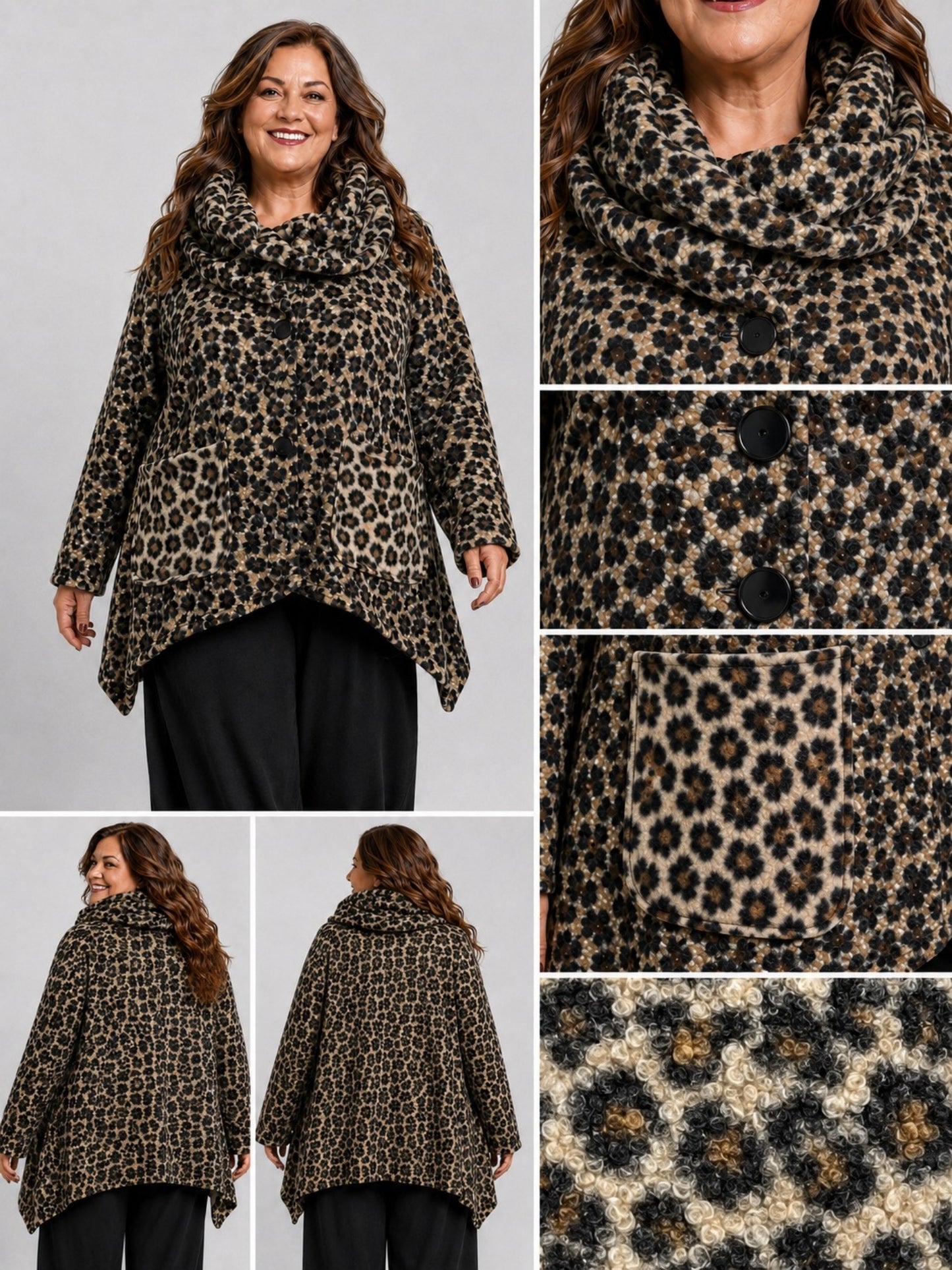 Vincenzo Allocca Wolljacke Leoprint mit doppeltem Kragen Oversize – Braun/Schwarz, Einheitsgröße 44–58