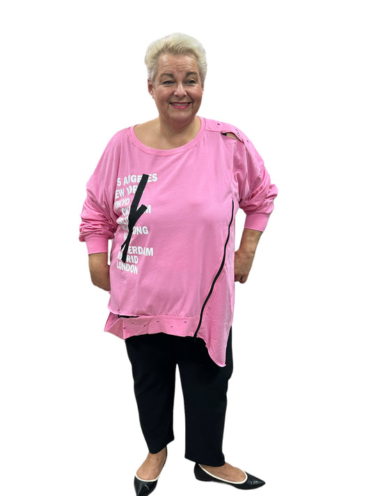 EU-Queen Shirt langarm Wordprint Pink Schwarz Applikationen onesize oversize 46 48 50 52 54 56