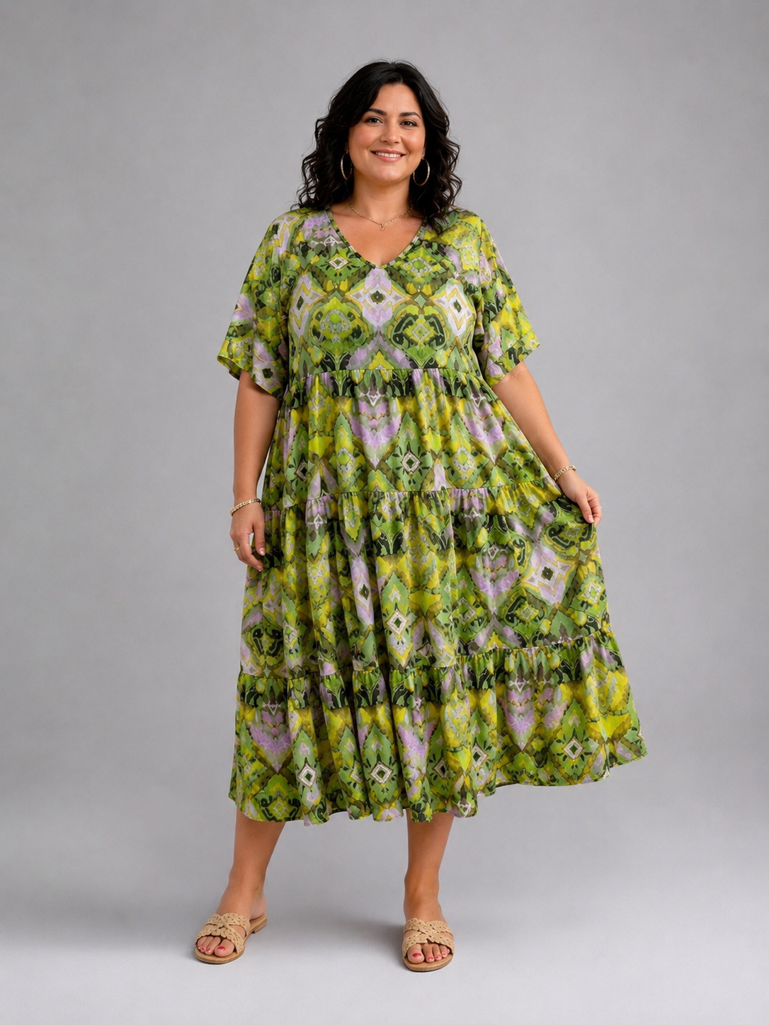 Frenzi Stufenkleid Ikat-Print Türkis-Orange – Einheitsgröße 44–52