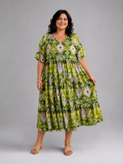 Frenzi Stufenkleid Ikat-Print Türkis-Orange – Einheitsgröße 44–52