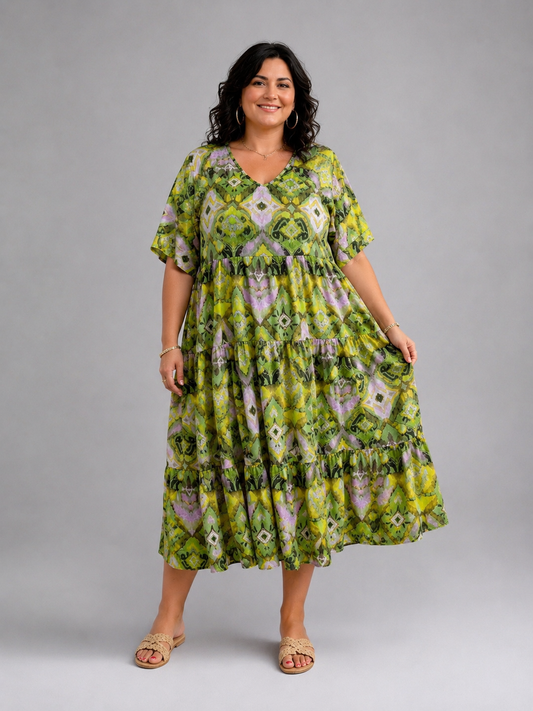 Frenzi Stufenkleid Ikat-Print Türkis-Orange – Einheitsgröße 44–52 (Kopie)