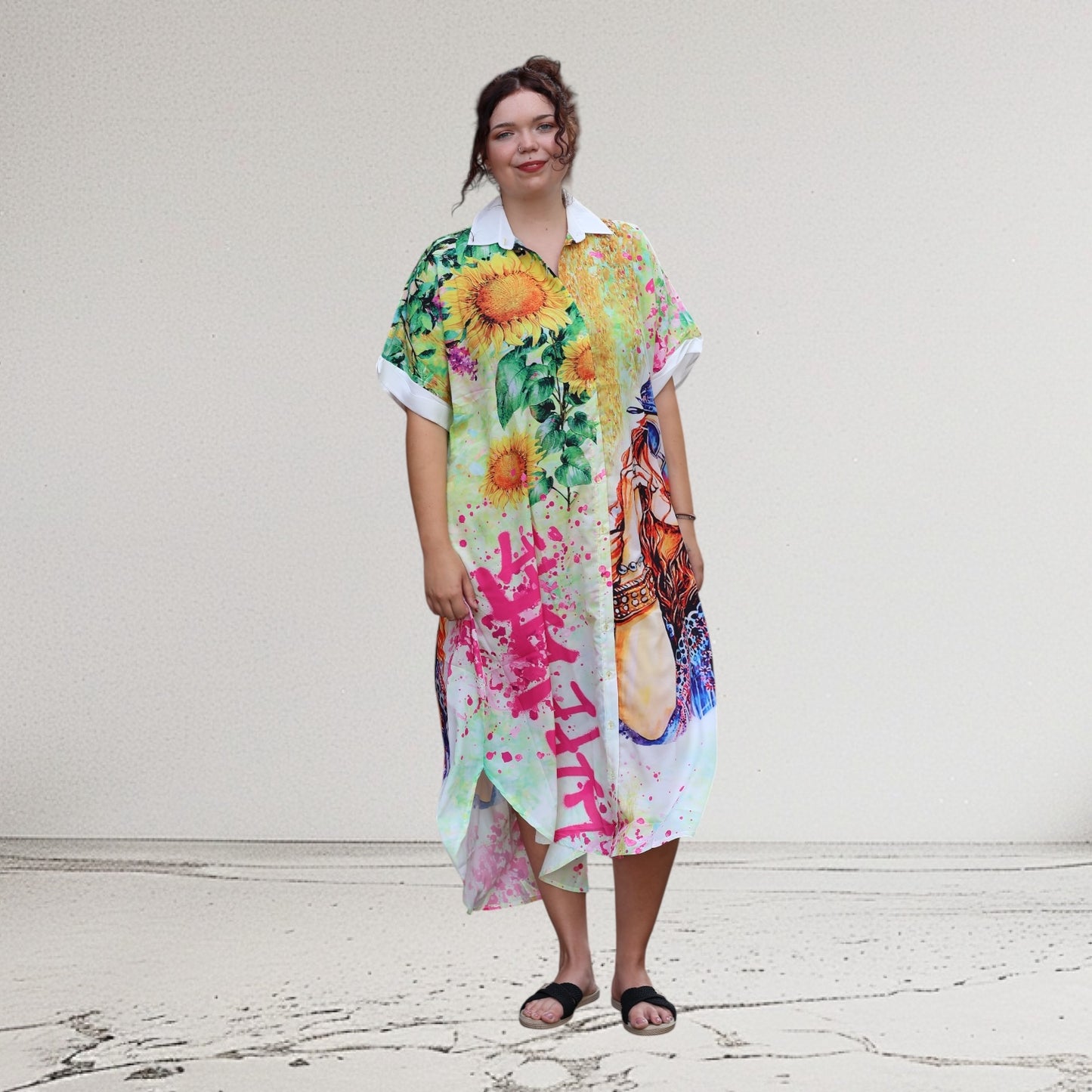 Mix Mirage Blusenkleid / Blusenjacke – Leuchtend bunt mit Statement-Print & Taschen 40 42 44 46 48 50 52
