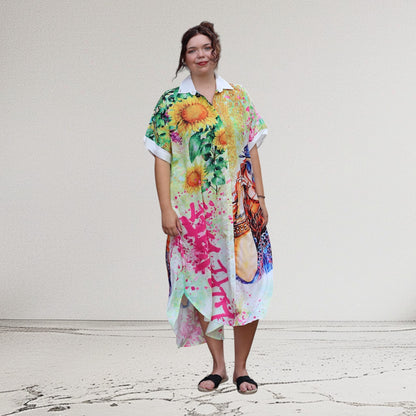 Mix Mirage Blusenkleid / Blusenjacke – Leuchtend bunt mit Statement-Print & Taschen 40 42 44 46 48 50 52