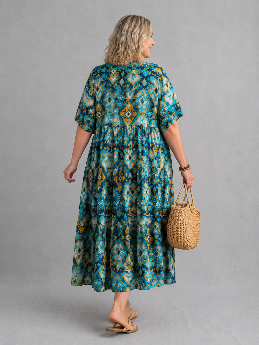 Frenzi Stufenkleid Ikat-Print Türkis-Orange – Einheitsgröße 44–52