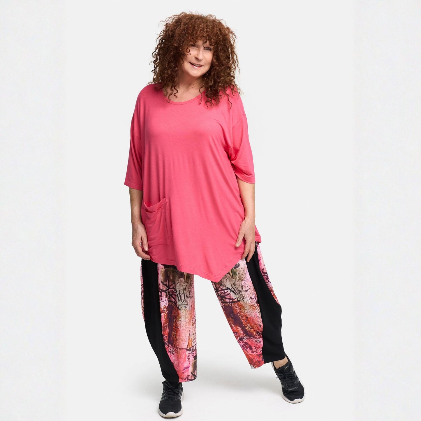 Frenzi4u Shirt Doppel-Tasche Rundhals Kiwi Koralle Schwarz