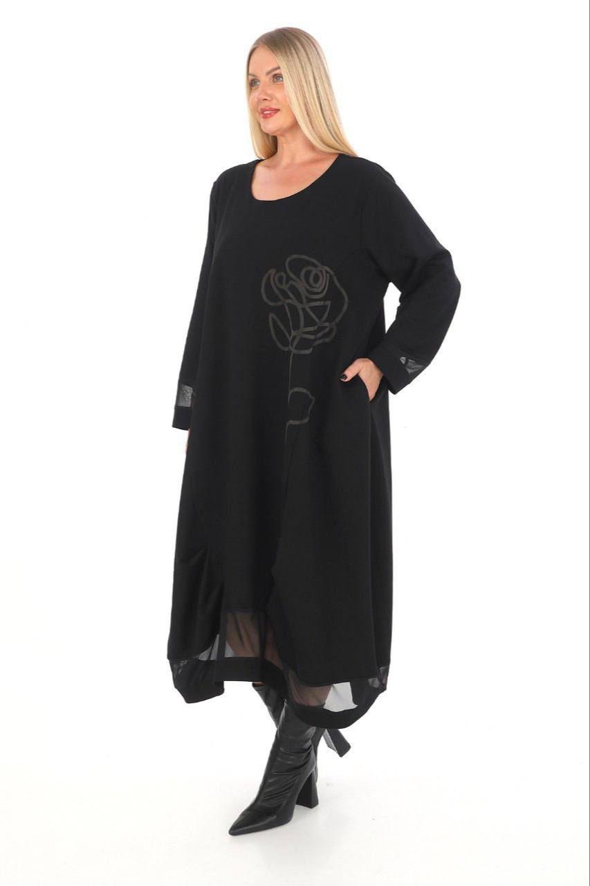 Divas Planet Kleid Schwarz mit Grauer Rose bemustert, abgerundeter Schnitt, angenähten Mesh 44 46 48 50 52 54 56