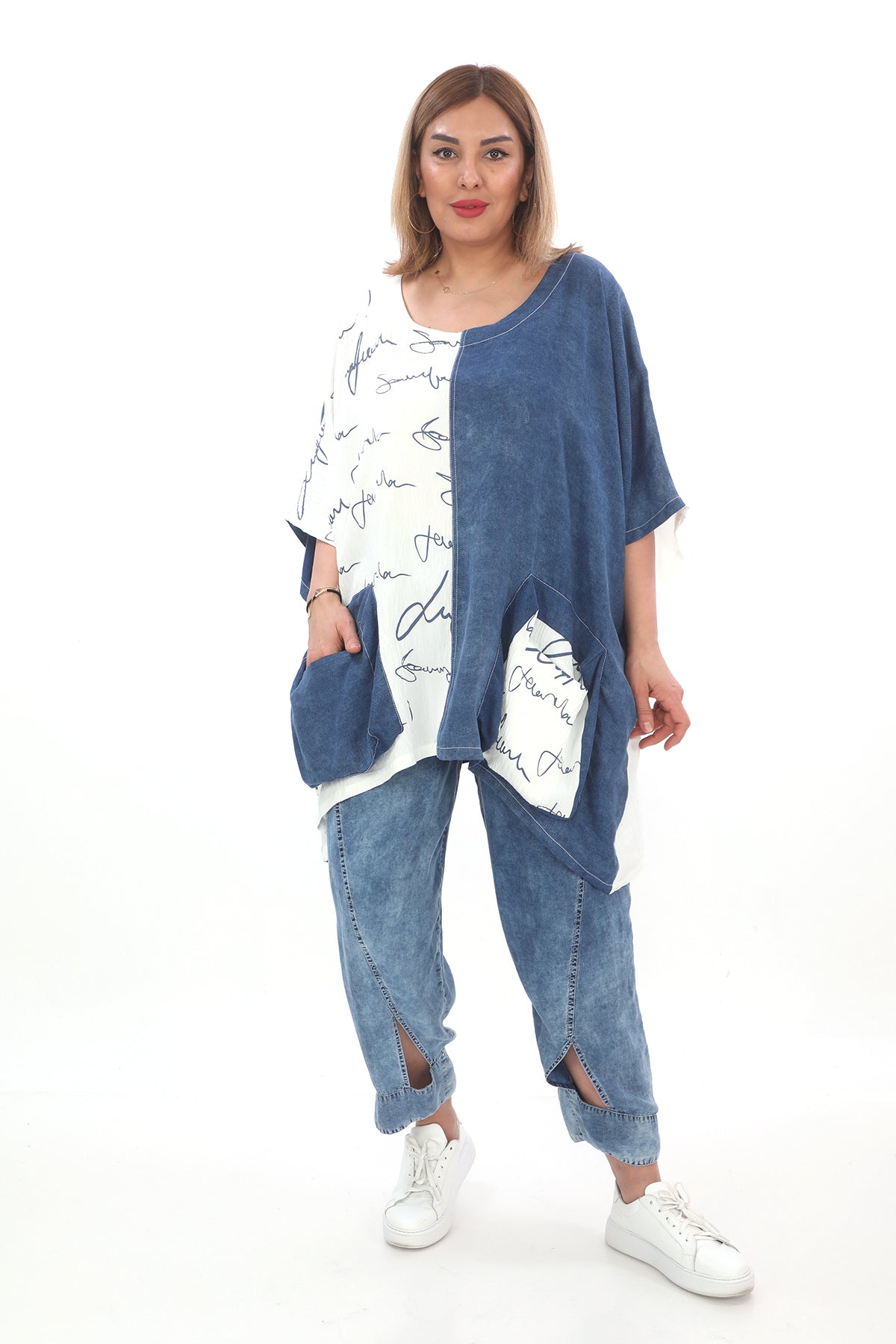 Zedd Plus Tunika oversize Weiß Blau Jeanslook bemustert 46 48 50 52 54 56 58 60 62