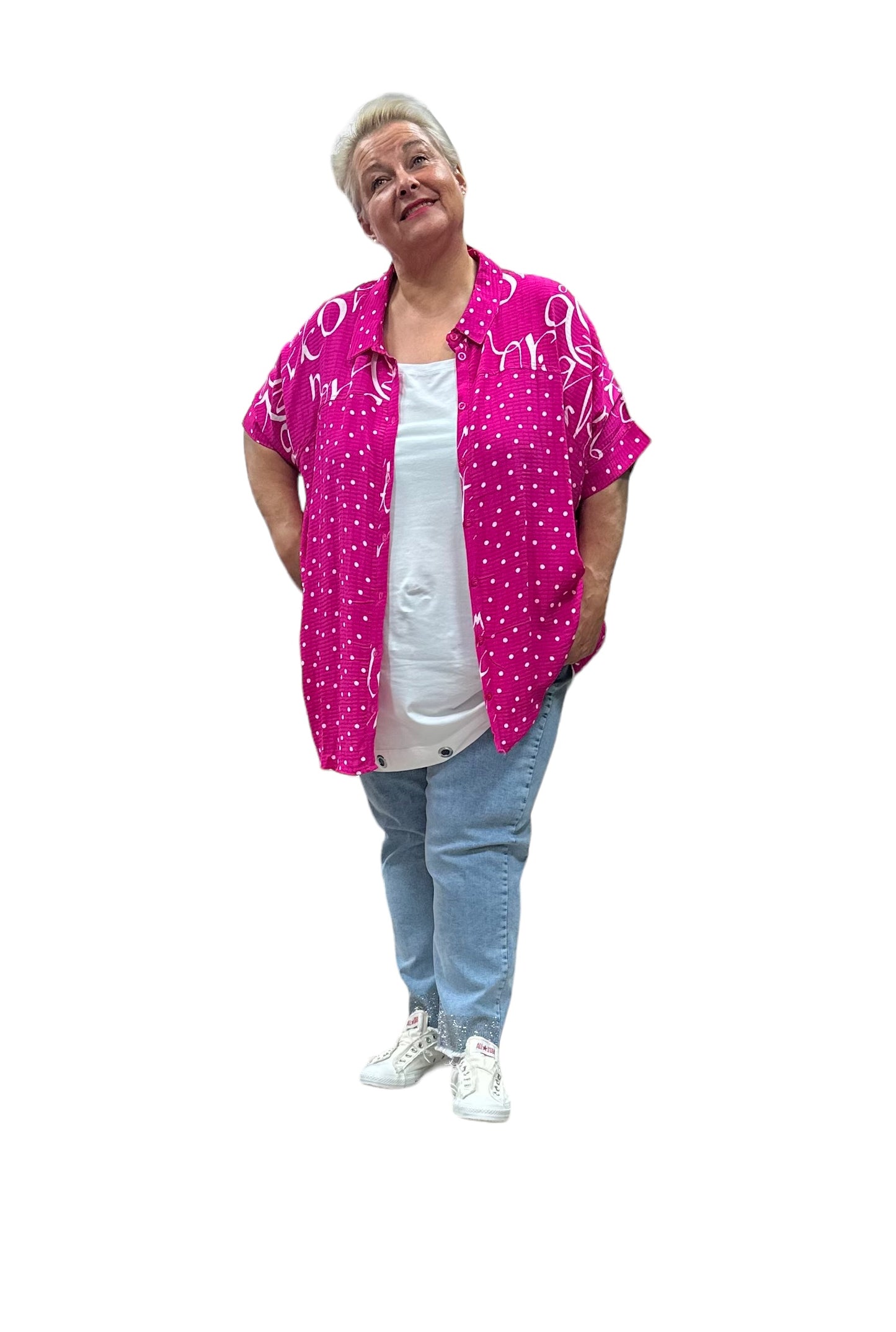 Aprico Bluse Pink Weiß Punkte oversize 42 44 46 48 50 52 54 56 58 60