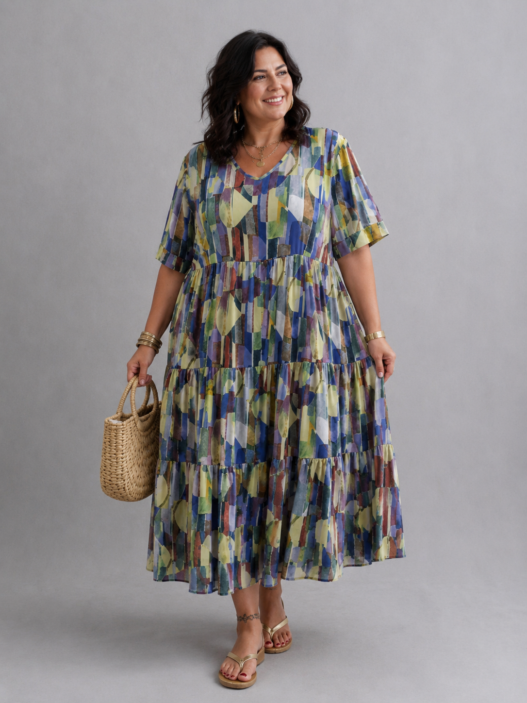 Frenzi Stufenkleid Aquarell-Print Multicolor – Einheitsgröße 44–52