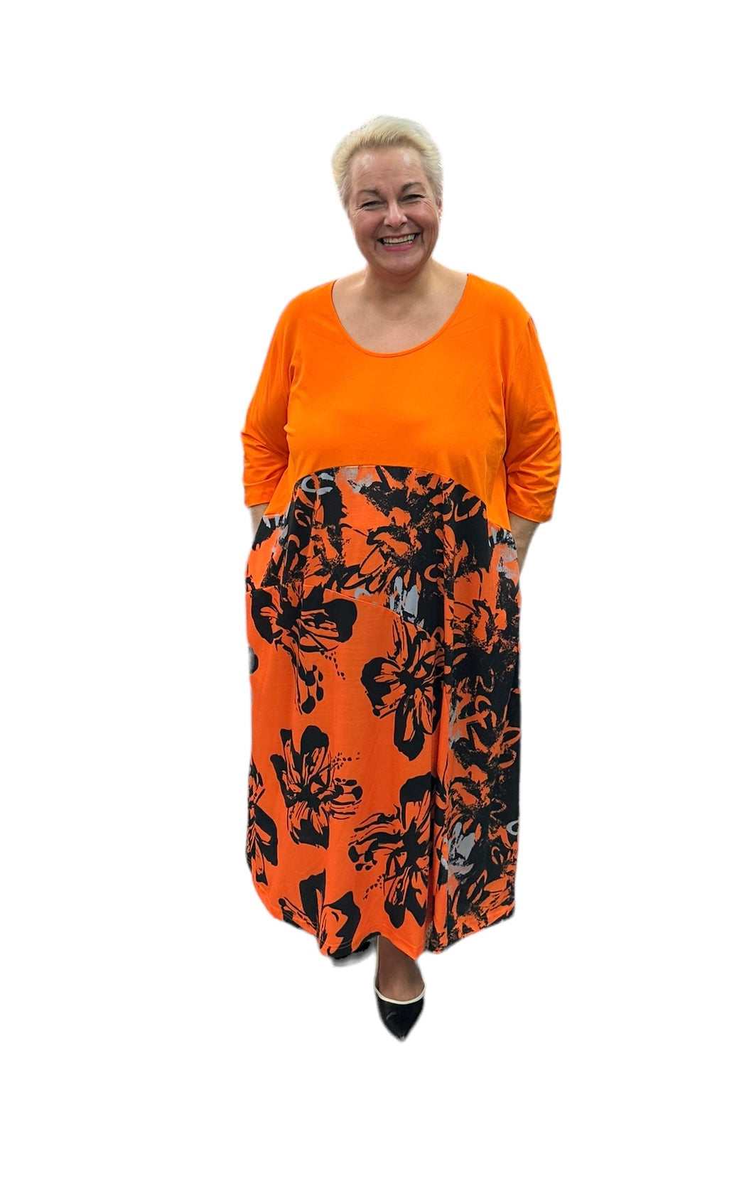 DYB Kleid gemustert Blau Schwarz Orange 40 42 44 46 48 50 52 54 56