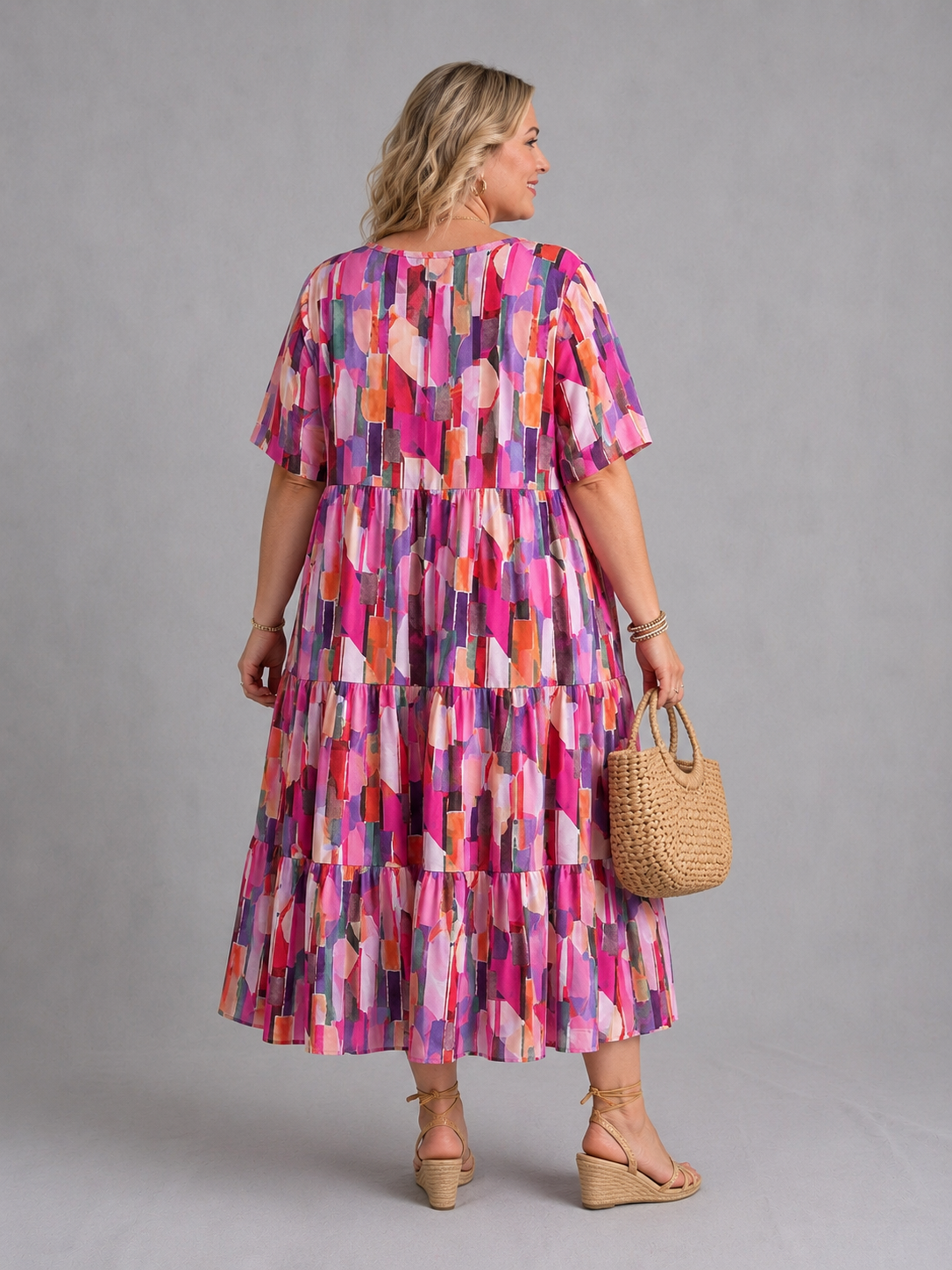 Frenzi Stufenkleid grafischer Print Pink-Bunt – Einheitsgröße 44–52