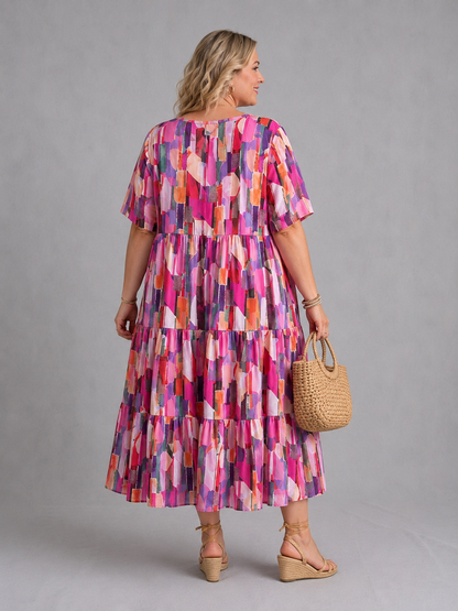 Frenzi Stufenkleid grafischer Print Pink-Bunt – Einheitsgröße 44–52