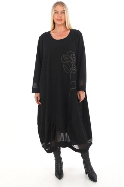 Divas Planet Kleid Schwarz mit Grauer Rose bemustert, abgerundeter Schnitt, angenähten Mesh 44 46 48 50 52 54 56