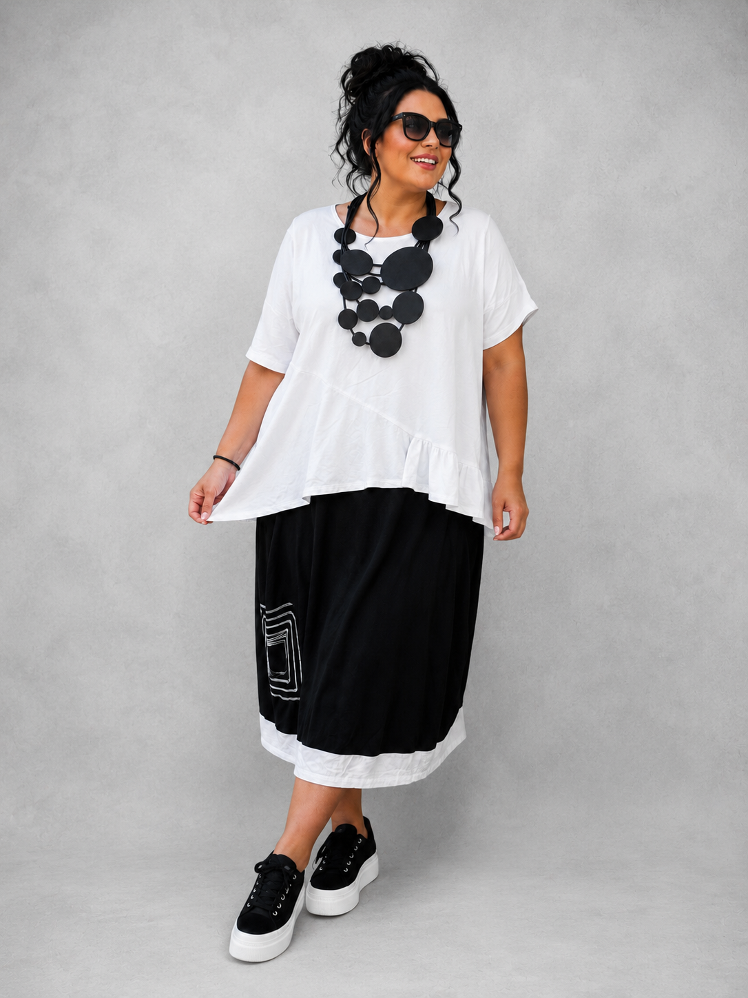 Sinne Rock große Größen Maxi Schwarz-Weiß Colour-Block Geometrie-Print