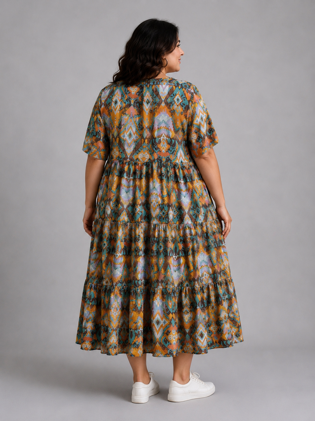 Frenzi Stufenkleid Ikat-Print Ocker-Petrol – Einheitsgröße 44–52