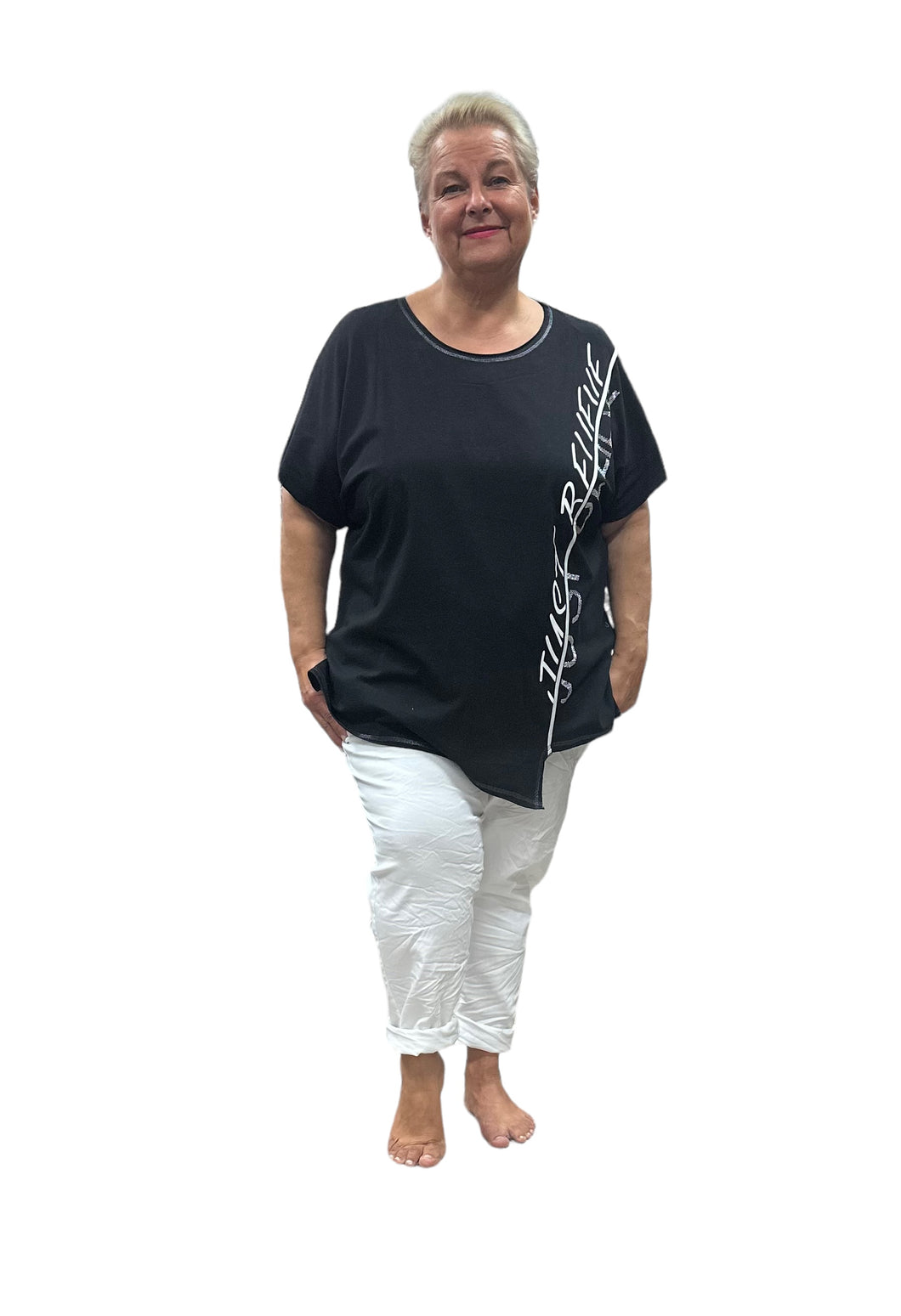 Lea H Curve Shirt schwarz weiß Glitzer asymetrisch 44 - 54