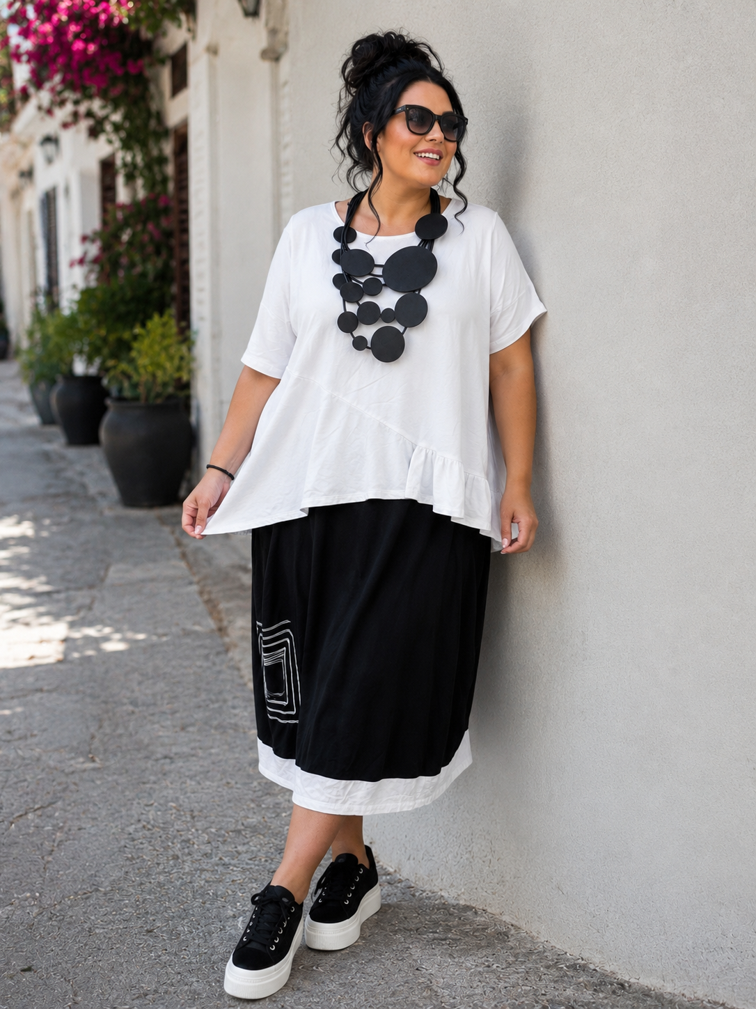 Sinne Rock große Größen Maxi Schwarz-Weiß Colour-Block Geometrie-Print
