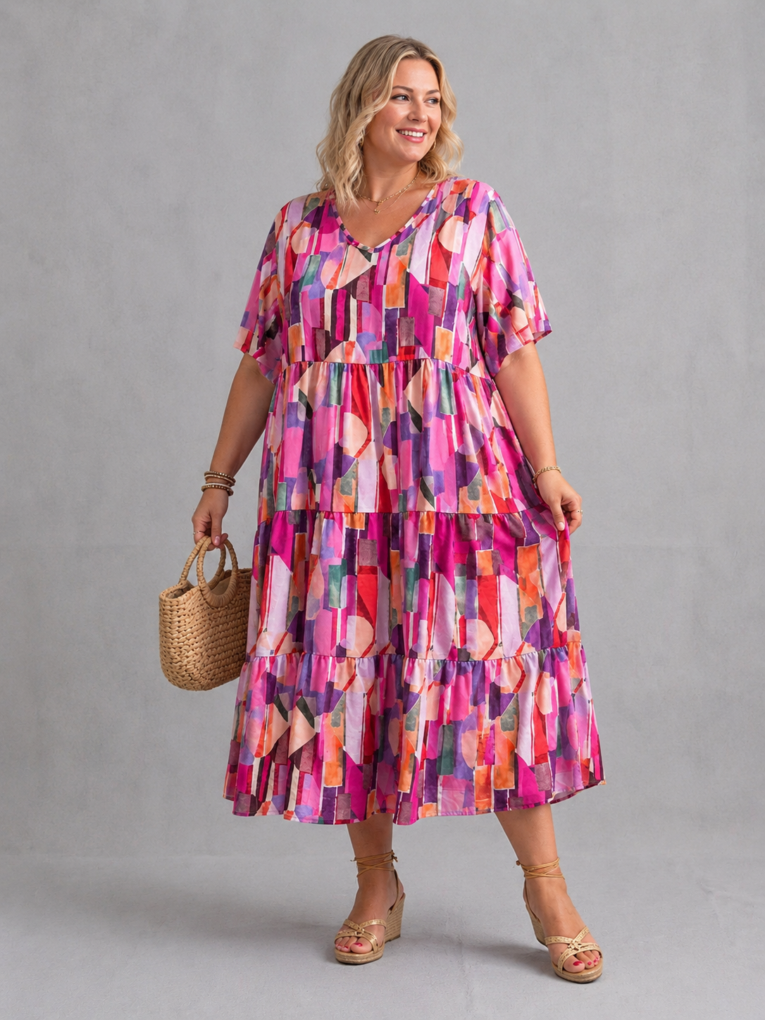 Frenzi Stufenkleid grafischer Print Pink-Bunt – Einheitsgröße 44–52