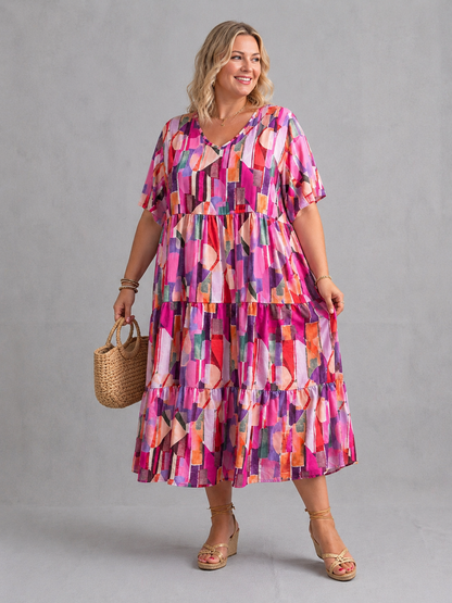 Frenzi Stufenkleid grafischer Print Pink-Bunt – Einheitsgröße 44–52