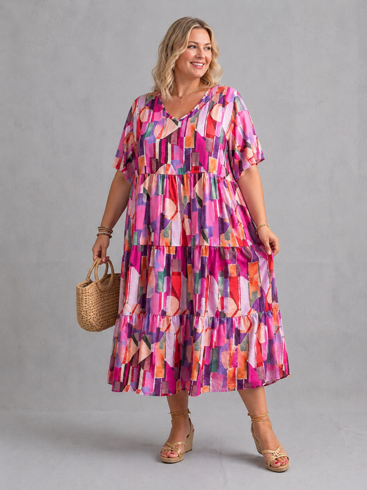 Frenzi Stufenkleid grafischer Print Pink-Bunt – Einheitsgröße 44–52
