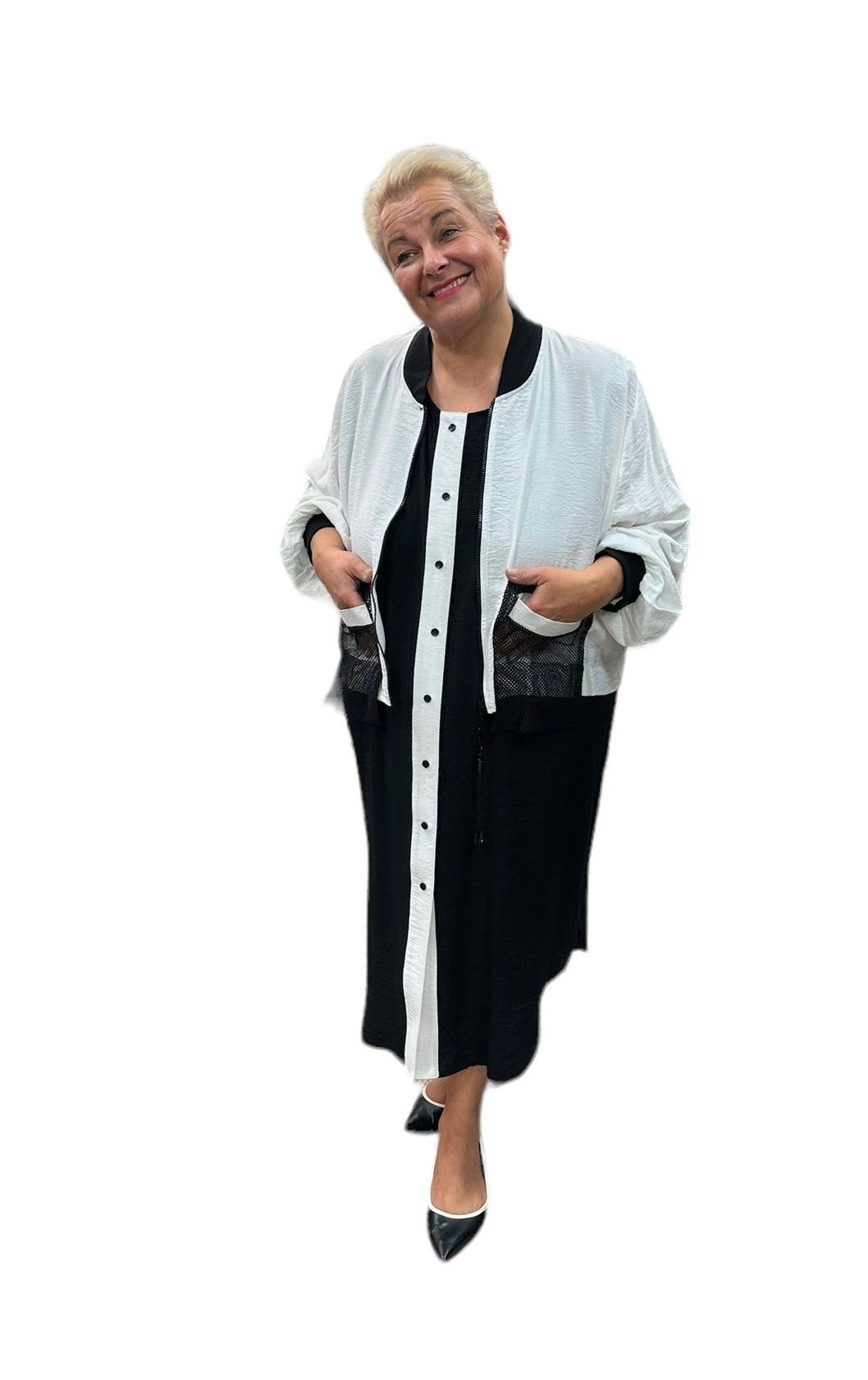 La Velina Kleid mit Überwurf Jacke Netz Knöpfe schwarz weiß Gr 1 - 3