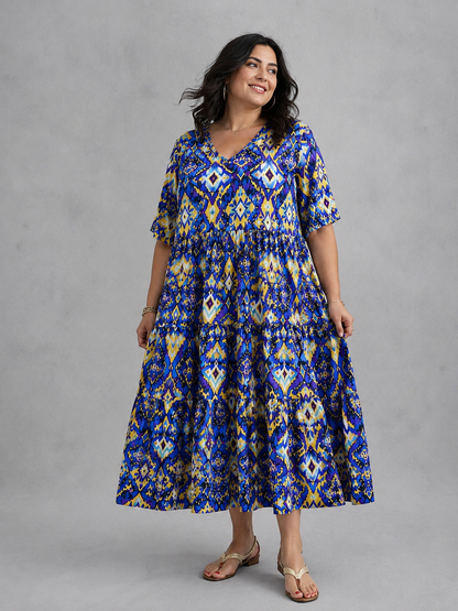 Frenzi Stufenkleid Ikat-Print Blau-Gelb – Einheitsgröße 44–52
