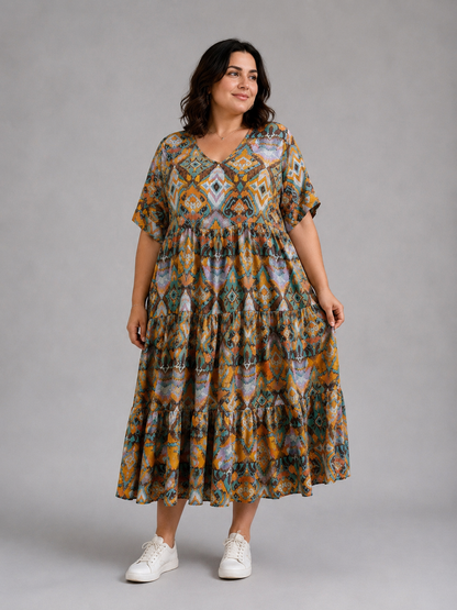 Frenzi Stufenkleid Ikat-Print Ocker-Petrol – Einheitsgröße 44–52