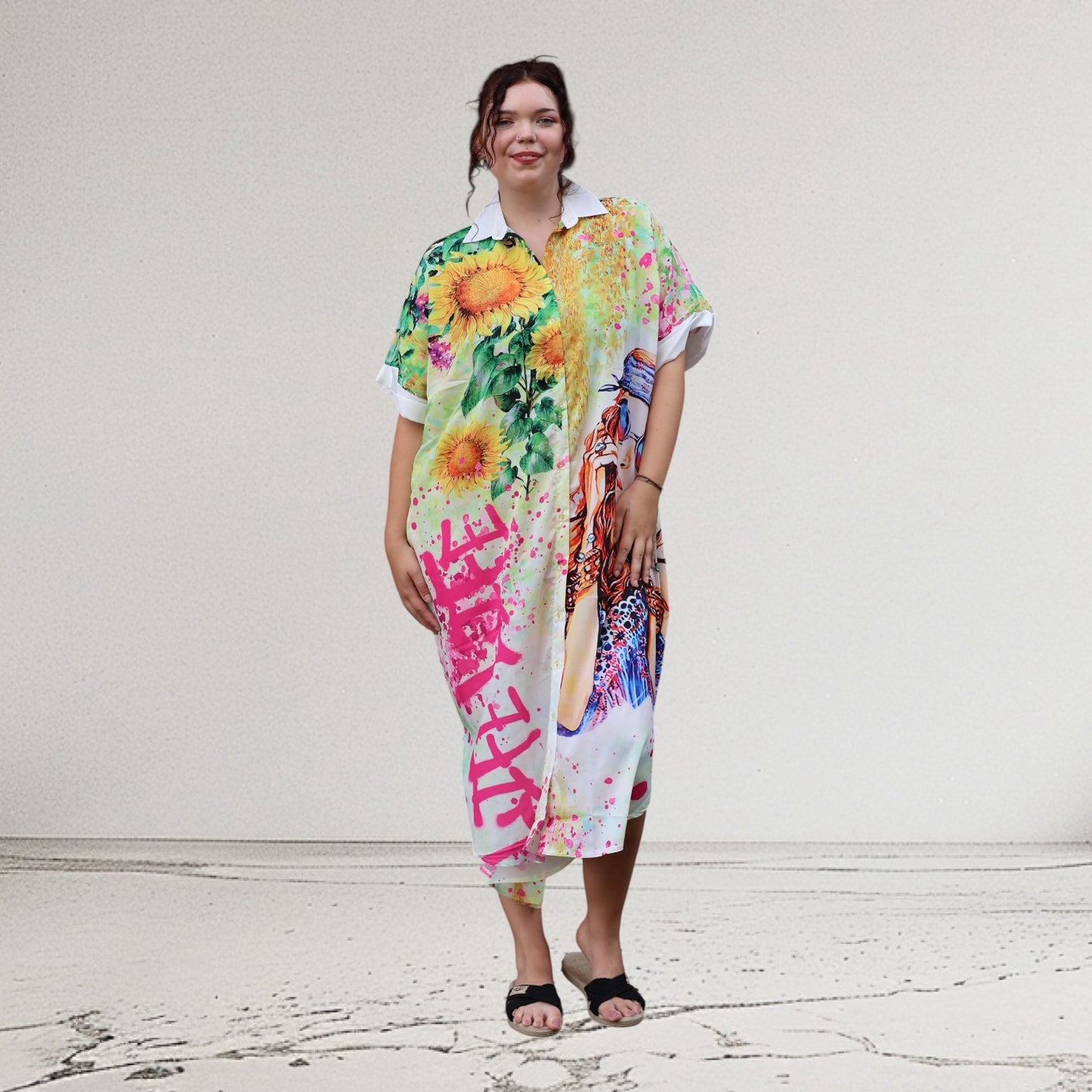 Mix Mirage Blusenkleid / Blusenjacke – Leuchtend bunt mit Statement-Print & Taschen 40 42 44 46 48 50 52