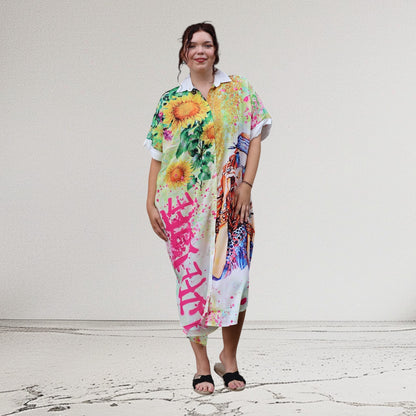 Mix Mirage Blusenkleid / Blusenjacke – Leuchtend bunt mit Statement-Print & Taschen 40 42 44 46 48 50 52