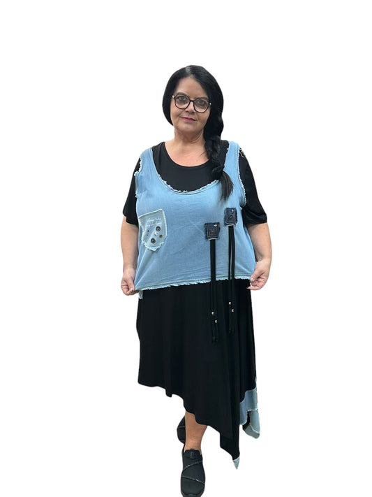 La Velina Kleid mit Überwurf Zweiteiler Jeans Tencel Blau Schwarz 44 46 48 50 52 54 56