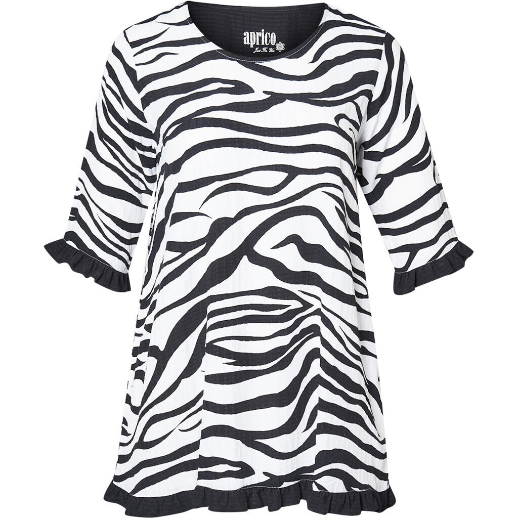 Aprico Shirt Zebra Schwarz Weiß Rüschen 42 44 46 48 50 52 54 56 58 60