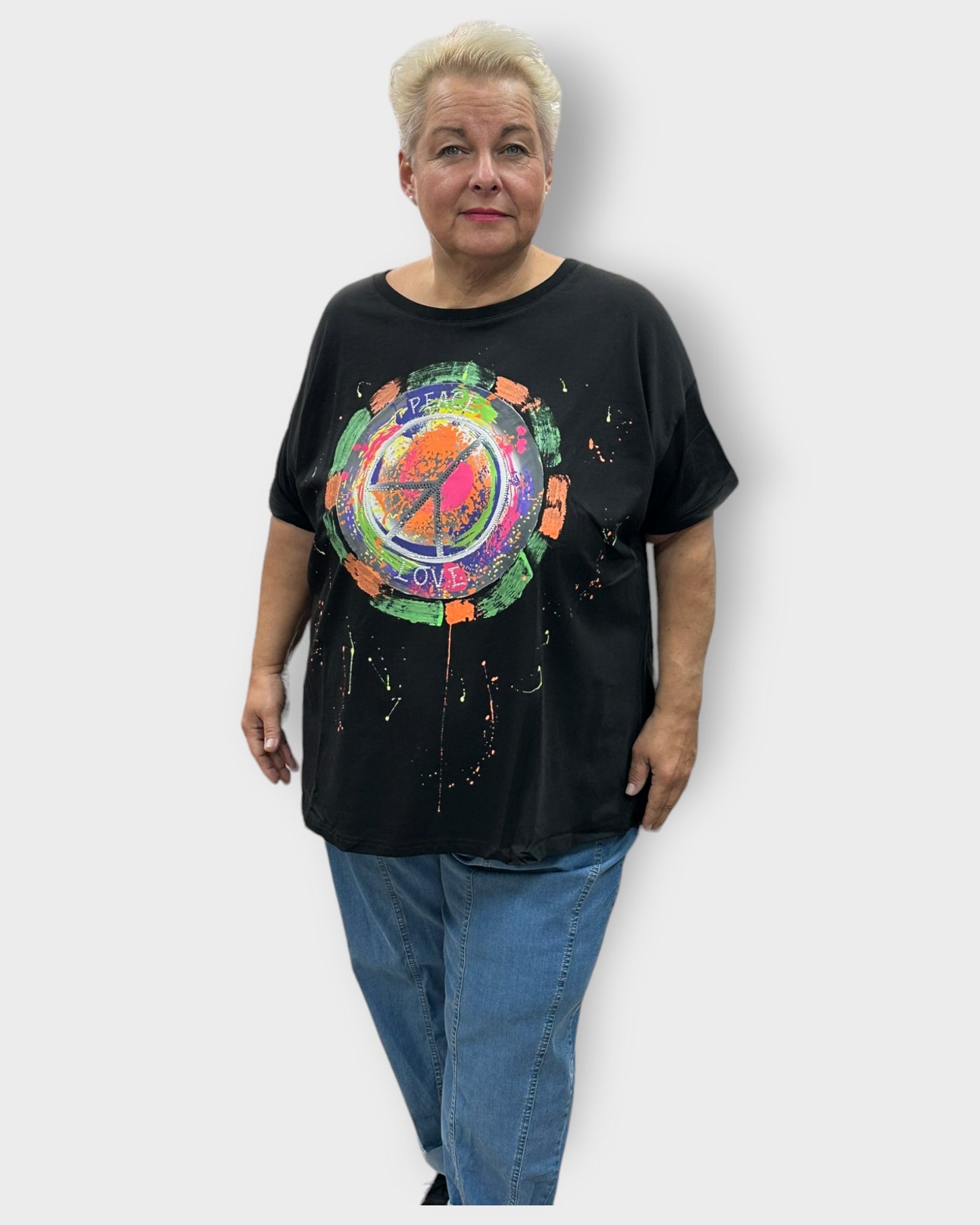 EU Queen Shirt Schwarz Peace Bunt kurzarm onesize 46 48 50 52 54