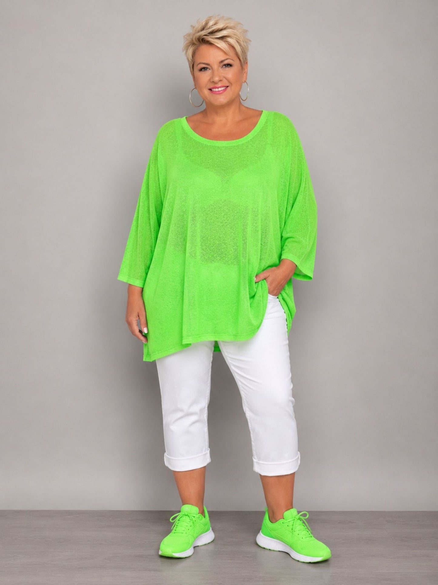 AKH Fashion Oversize Feinstrick-Shirt Neon – Einheitsgröße 44–62, Neongrün / Neonpink / Neongelb / Schwarz / Weiß