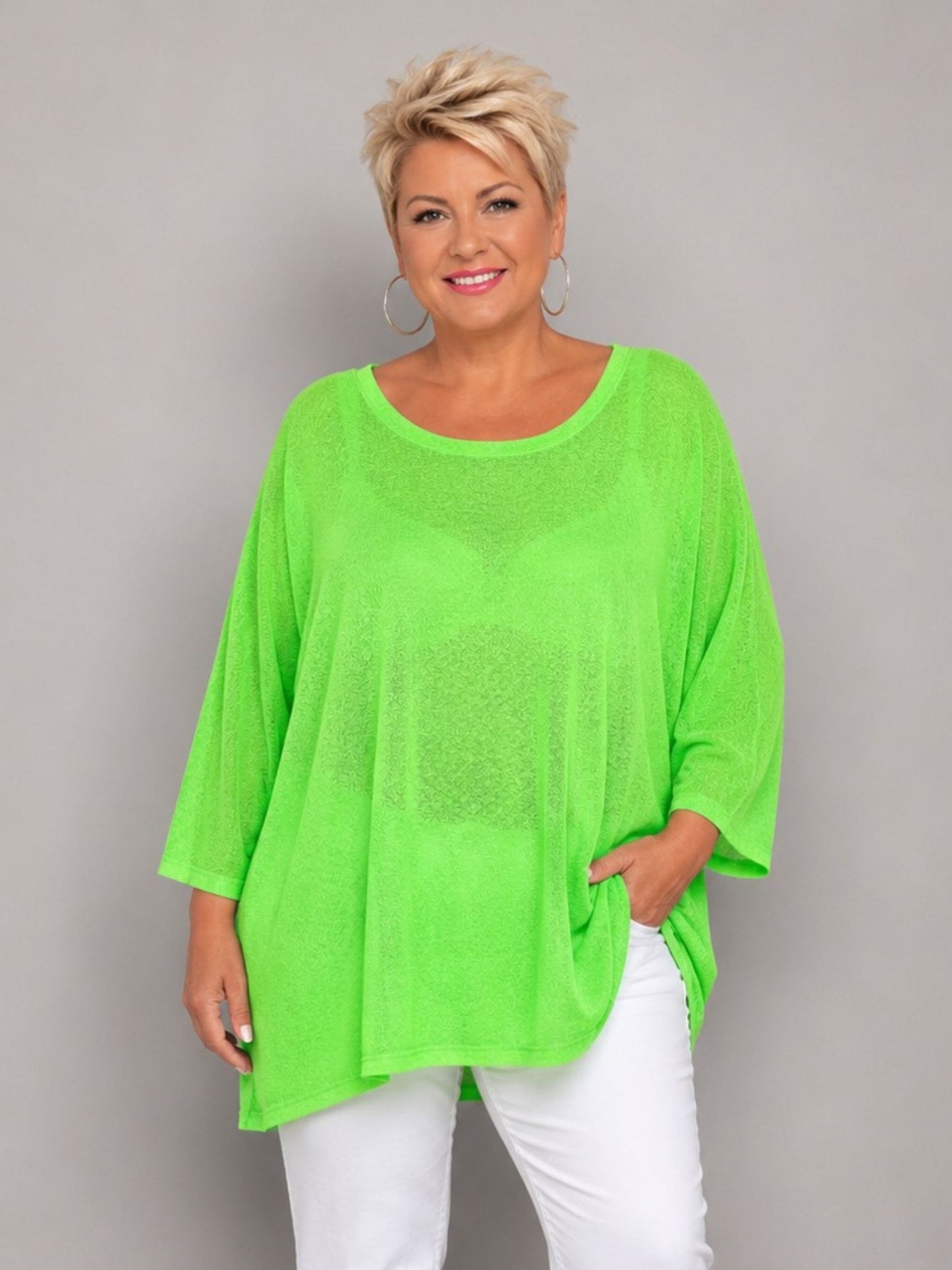 AKH Fashion Oversize Feinstrick-Shirt Neon – Einheitsgröße 44–62, Neongrün / Neonpink / Neongelb / Schwarz / Weiß