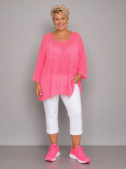 AKH Fashion Oversize Feinstrick-Shirt Neon – Einheitsgröße 44–62, Neongrün / Neonpink / Neongelb / Schwarz / Weiß