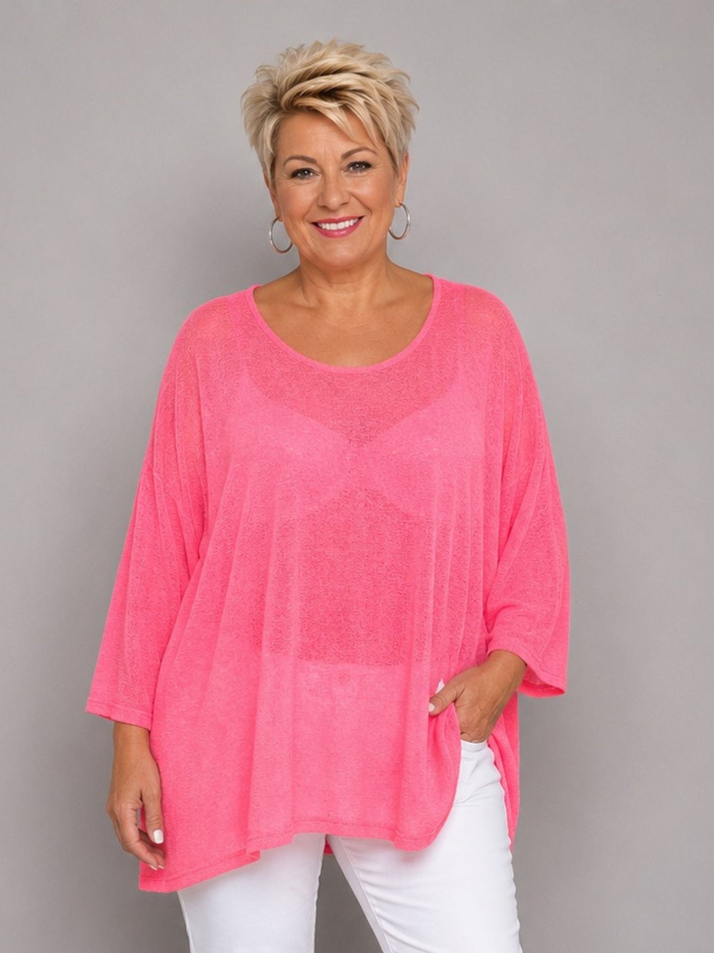 AKH Fashion Oversize Feinstrick-Shirt Neon – Einheitsgröße 44–62, Neongrün / Neonpink / Neongelb / Schwarz / Weiß