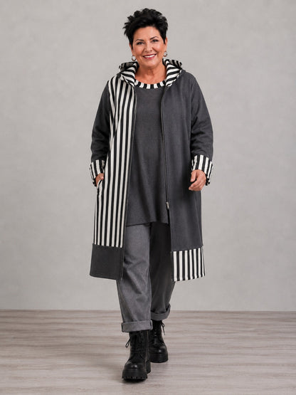 AKH Fashion Mantel Viskose mit Kapuze und Streifen Oversize – Anthrazit/Schwarz-Weiß, Einheitsgröße 44–54