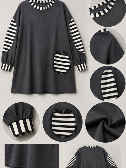 AKH Fashion Shirt Viskose mit Streifen und Zipptasche Oversize – Anthrazit/Schwarz-Weiß, Einheitsgröße 44–54