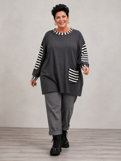 AKH Fashion Shirt Viskose mit Streifen und Zipptasche Oversize – Anthrazit/Schwarz-Weiß, Einheitsgröße 44–54