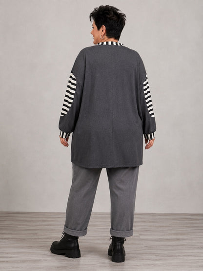 AKH Fashion Shirt Viskose mit Streifen und Zipptasche Oversize – Anthrazit/Schwarz-Weiß, Einheitsgröße 44–54